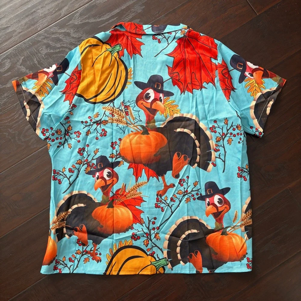 Funny Turkey Pilgrim Thanksgiving Button Down Hawaiian Style Shirt - Picture 4 of 9